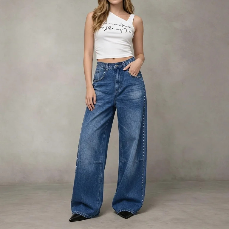 Miluxas Vintage High Waisted Studded Wide Leg Jeans for Women Rhinestone Rivet Baggy Washed Denim... | Walmart (US)