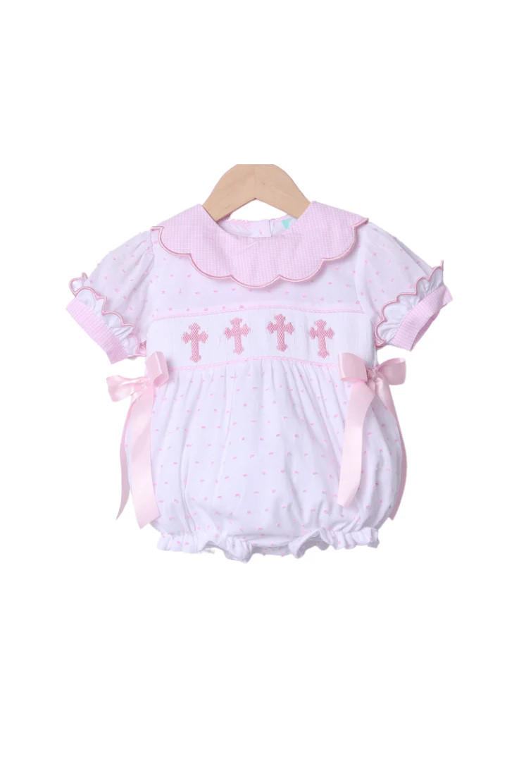 Smocked Pink Swiss Dot Cross Bubble | The Smocked Flamingo