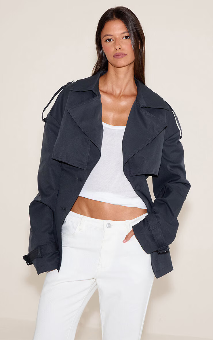 Charcoal Cropped Belted Trench Coat | PrettyLittleThing UK