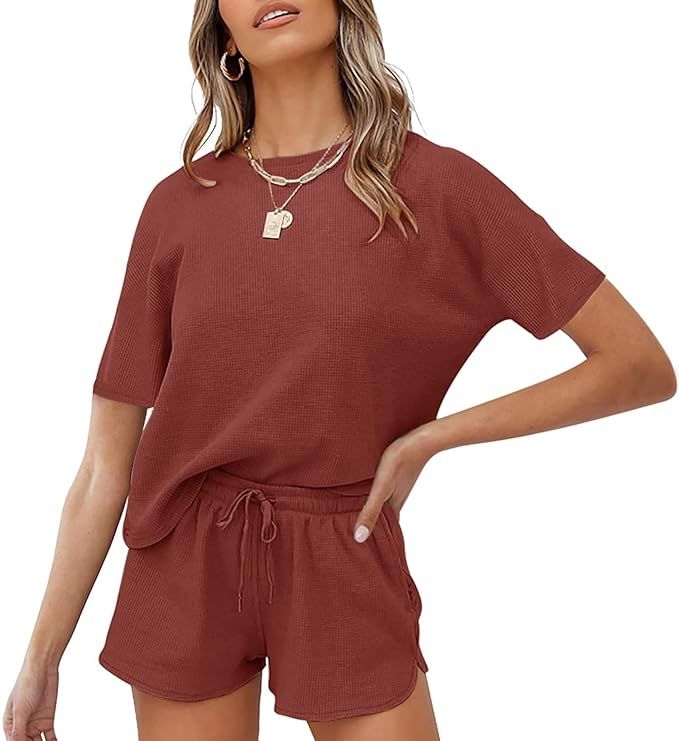 MEROKEETY Women's Short Sleeve Waffle Pajama Sets Lounge Top and Shorts 2 Piece Tracksuit Outfits | Amazon (US)