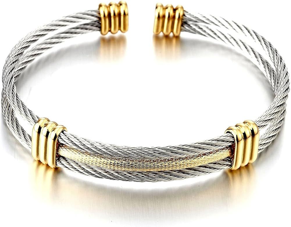 COOLSTEELANDBEYOND Men Women Stainless Steel Twisted Cable Adjustable Cuff Bangle Bracelet | Amazon (US)
