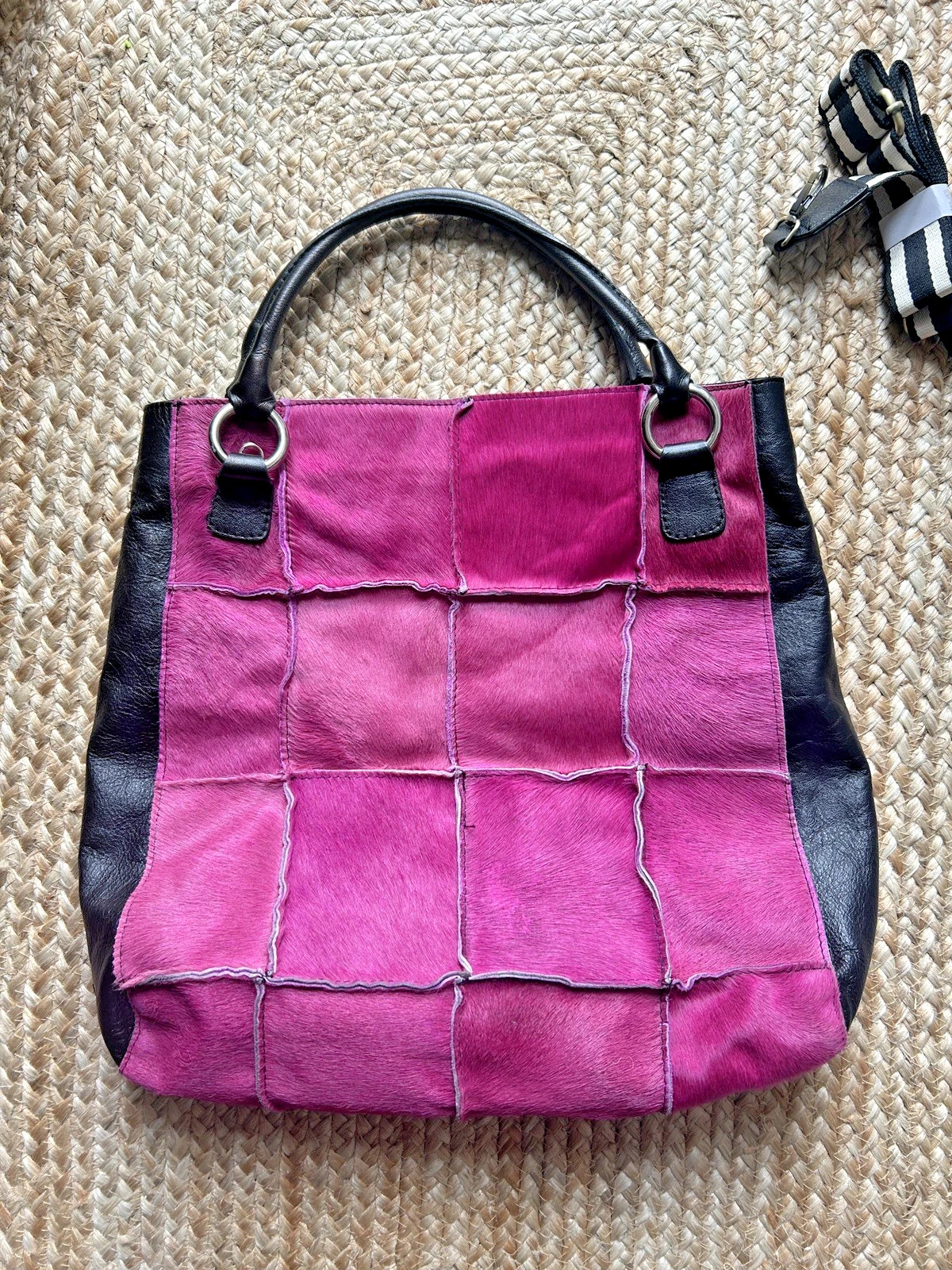 Italian Luxury Leather Pony calf skin hair Pink Black Patchwork Vintage Tote bag | eBay | eBay US