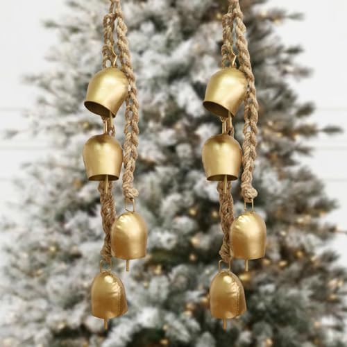 Vintage Hanging Decorative 2 Pack Gold Bells with Jute Hanging Rope - Metal Cow Bells for Christmas Wreath, Garland, Tree, Wedding, Party, Door, Staircase Railings | Amazon (US)