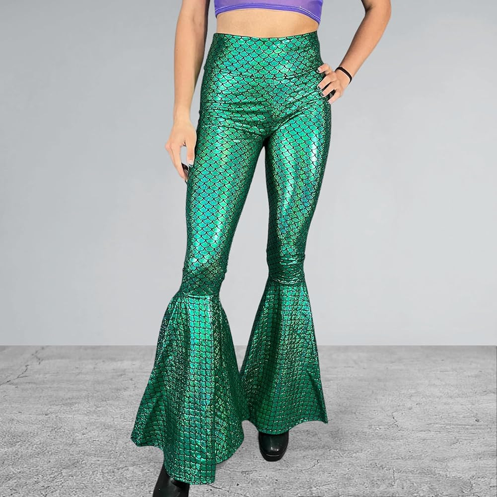 Green Mermaid Costume High Waist Bell Bottoms - Sparkle Mermaid Pants - Made in USA | Amazon (US)