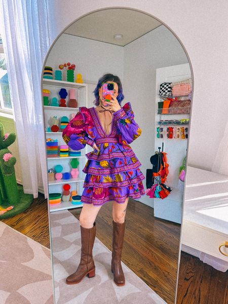 Fall transitional outfit 🍂🌸

Champagne wears a multicolored purple pink floral midi dress with poof sleeves and ruffles lace bows, brown knee high boots, gold snake earrings.

Dopamine dressing colorful vibrant eclectic maximalist maximalism rainbow multicolored colored hair style fashion inspo color fall

#LTKSeasonal #LTKHoliday #LTKstyletip