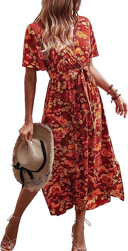 CCTOO Women's Summer Maxi Dress Casual Boho Floral Wrap V Neck Short Sleeve Ruffle Split Flowy Lo... | Amazon (US)