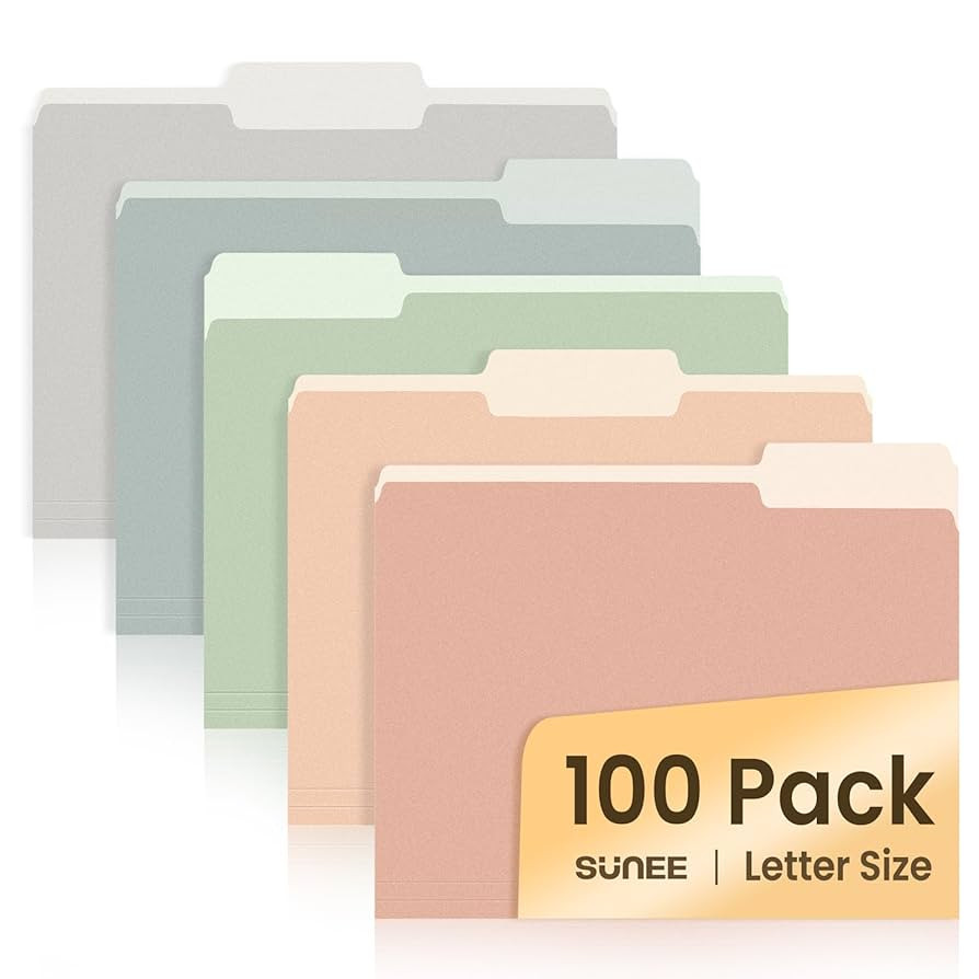 SUNEE File Folders Letter Size Pastel Colors, 100 Pack Manilla Folders 8.5 x 11 1/3-Cut Tabs, Col... | Amazon (US)