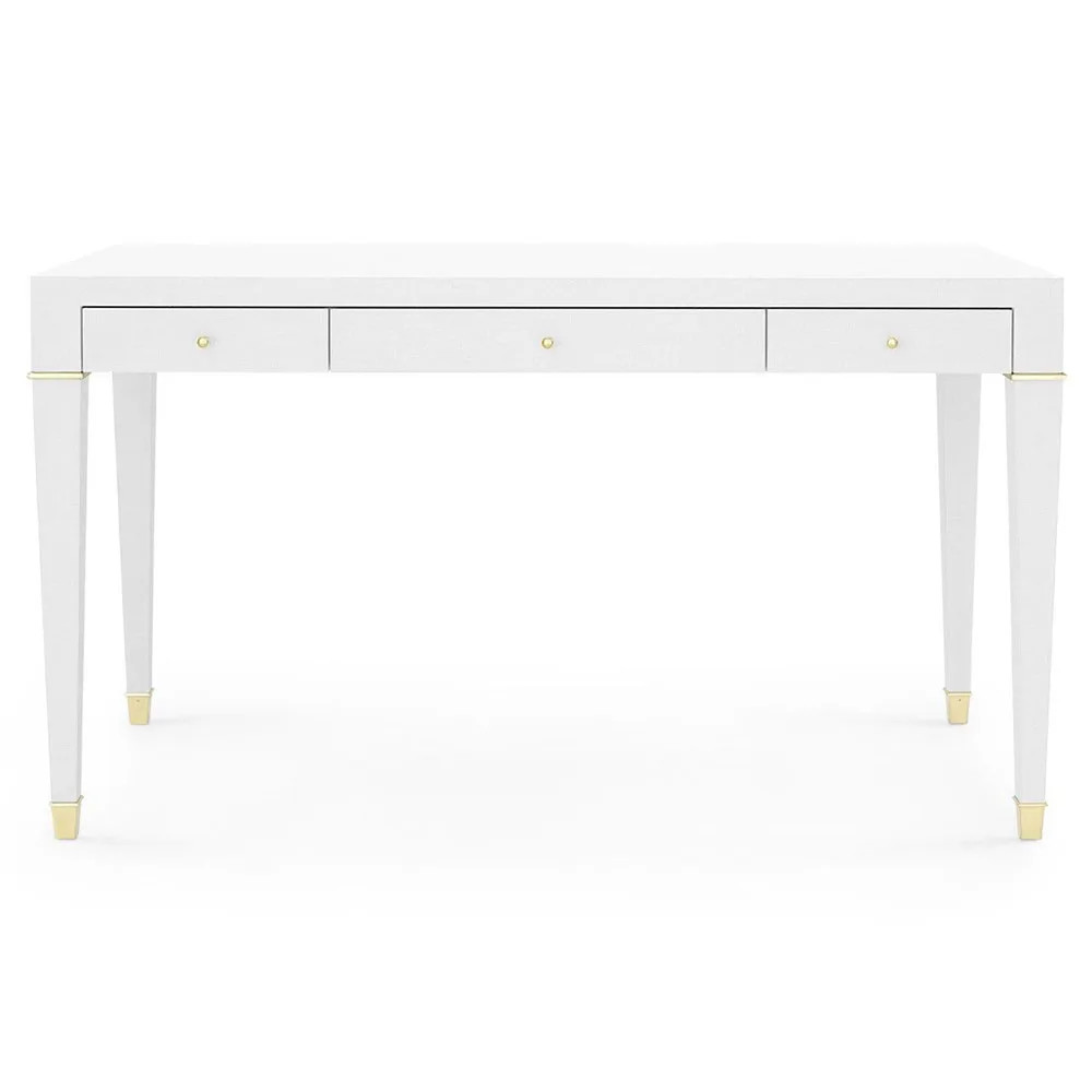 Claudette Modern Wrapped White Linen Brass Accent Office Desk | Kathy Kuo Home