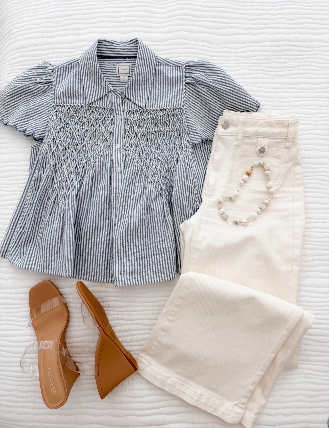 coastal chic outfit, blue striped blouse, white wide leg jeans, effortless summer style, casual chic look, striped top outfit, white denim, summer fashion, vacation outfit, coastal style, resort wear, casual elegance, warm weather outfit, feminine blouse, summer neutrals

#LTKootd