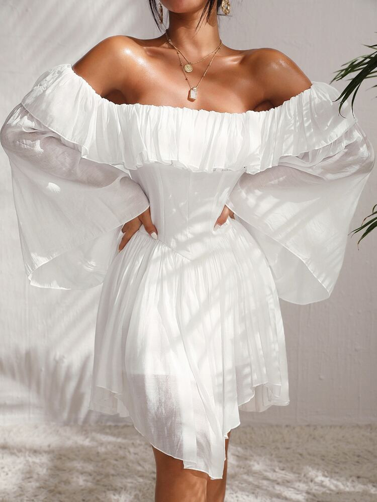 Off Shoulder Ruffle Trim Trumpet Sleeve Dress | SHEIN