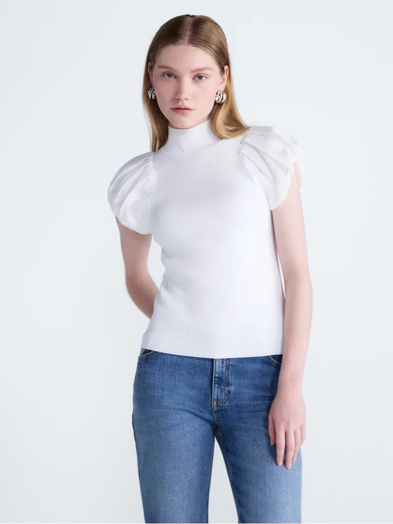 Scoop Women's Mock Neck Top with Bubble Cap Sleeves, Sizes XS-XXL | Walmart (US)