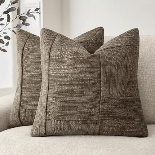Foindtower Set of 2 Decorative Patchwork Chenille Throw Pillow Covers Textured Mordern Vintage Cushion Covers Neutral Boho Accent Home Decor for Sofa Chair Couch Living Room,18×18 Inch,Light Brown | Amazon (US)