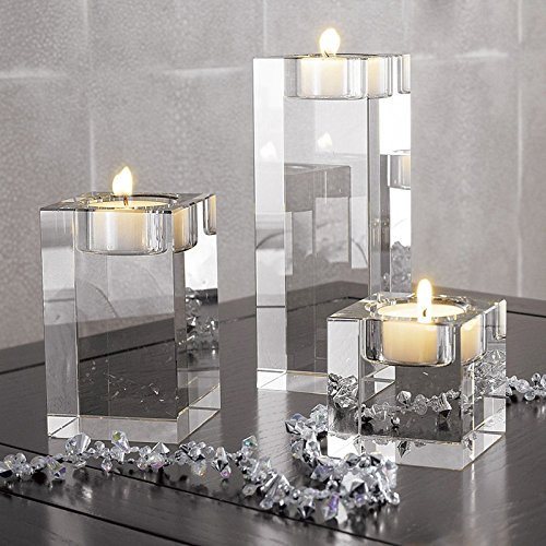 DecentGadget® 3PCS Heavy Clear Crystal Tea Light Holder 4cm+6cm+8cm Cuboid Candle Holder for Party C | Amazon (US)