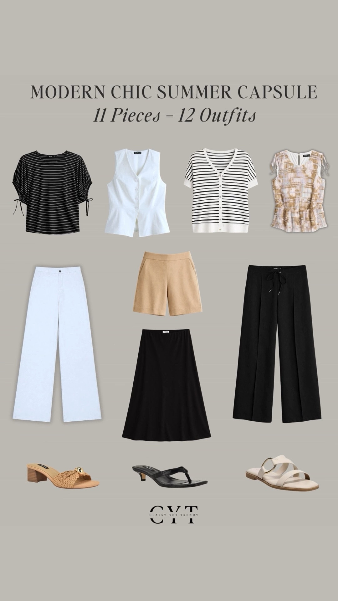 Modern & Chic Elevated Spring/Summer Capsule: 11 Pieces, 12 Outfits 🕶️ Look chic on a budget and shop everything at @kohls 🎉 Neutral color palette of black, white, khaki and tan so everything mixes and matches for lots of outfit combinations ✔️  #kohls #KohlsPartner 

#kohlsfinds #kohlsdeals kohls, affordable style, OOTD inso, StyleInspo, Outfit Ideas, Spring Style, Summer Style, skirt, pants, shorts, sandal heels, sandals