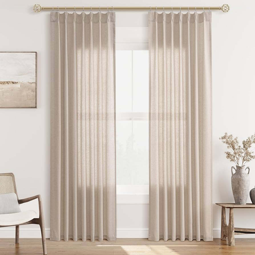Light Tan Pinch Pleat Linen Curtains 84 Inch Length 2 Panels Set for Bedroom Dinging Room Semi Sh... | Amazon (US)
