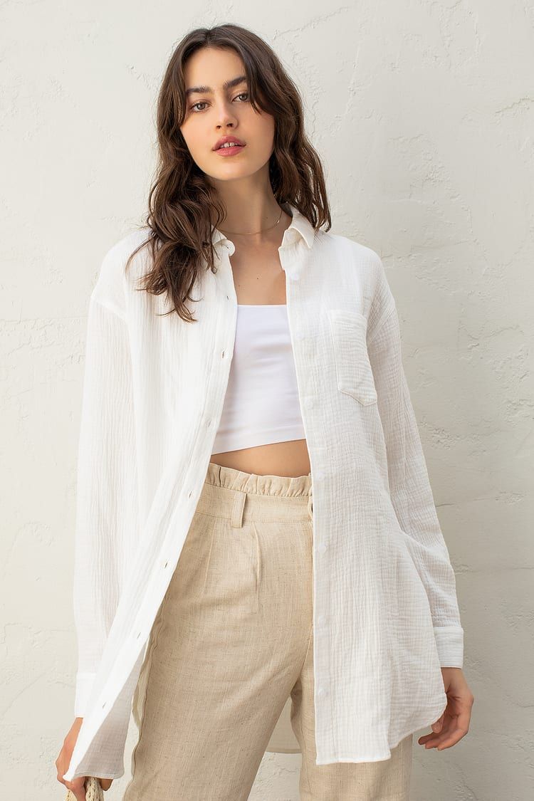 Easy To See White Oversized Button-Up Top | Lulus