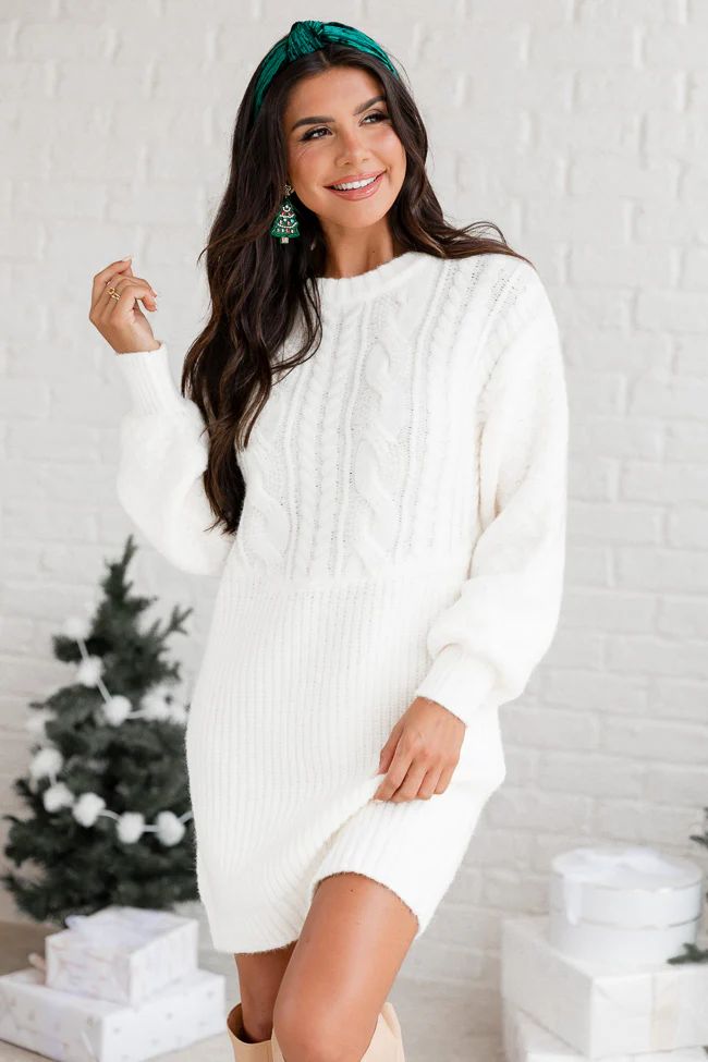 All Is Bright Cream Multi Textured Long Sleeve Sweater Dress | Pink Lily