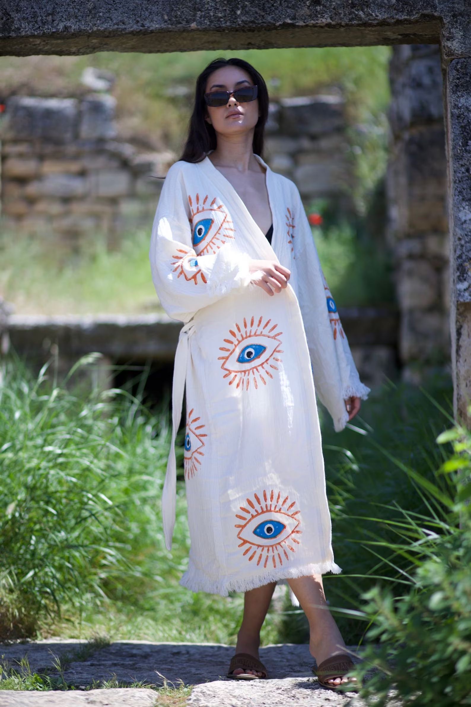 Turkish Cotton Evil Eye Kimono, Dressing Gown, Evil Eye Ethnic Boho Festival Robe, Hand Printed L... | Etsy (US)