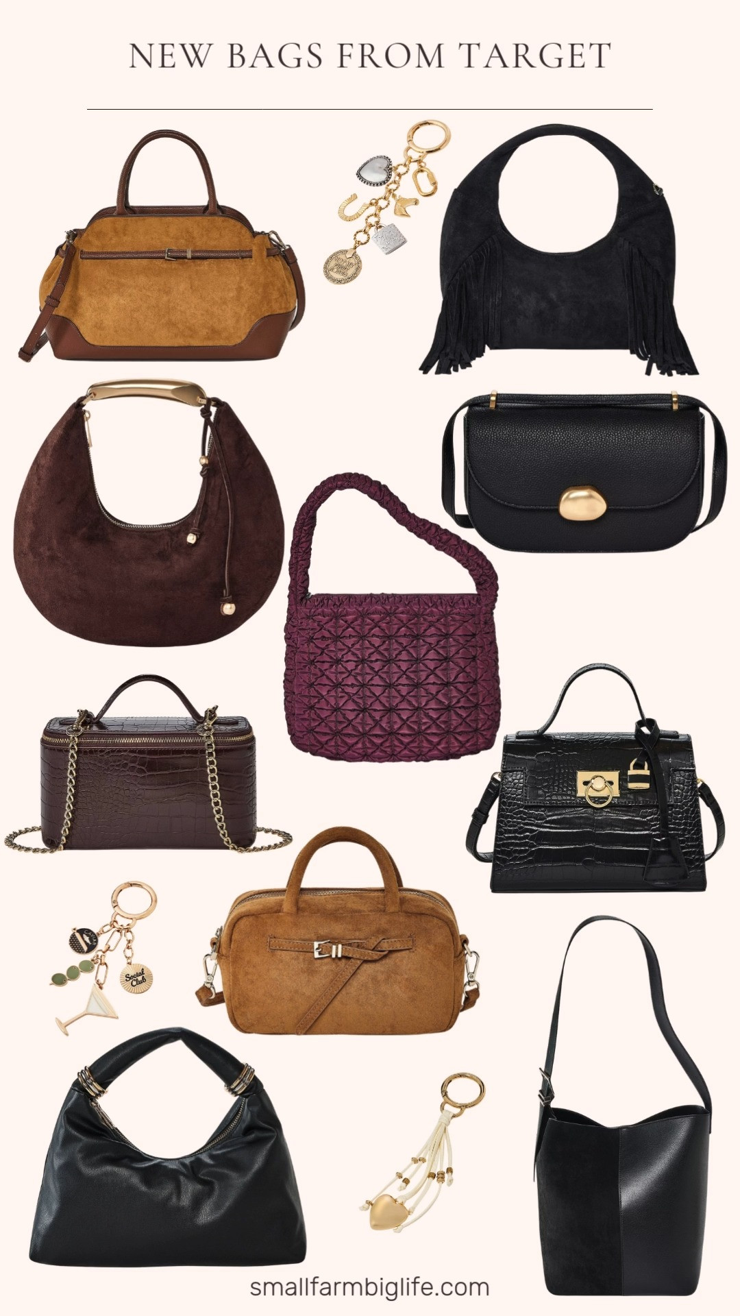 New Target bag drop and I’m obsessed 👜✨ From brown belted satchels, chic vanity crossbody, mini black top handle moments, tan satchel crossbody, sleek bucket bags, metal handle crescents, fringe details, classic black flaps, and the cutest burgundy puffer hobo. So many fresh styles and bag charms to mix, match, and elevate every outfit. 

 #LTKOver40 #LTKFindsUnder50