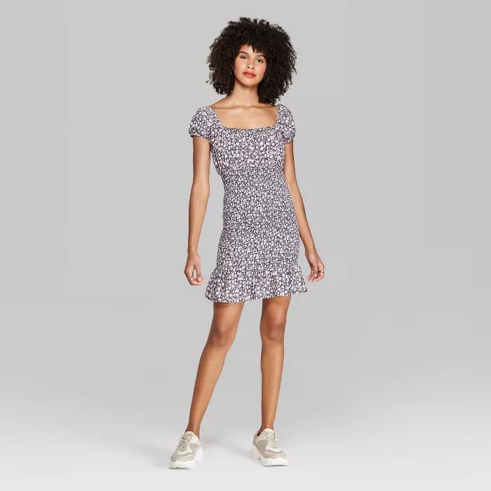 Women's Floral Print Short Sleeve Square Neck Smocked Body Mini Dress - Wild Fable™ Gray | Target