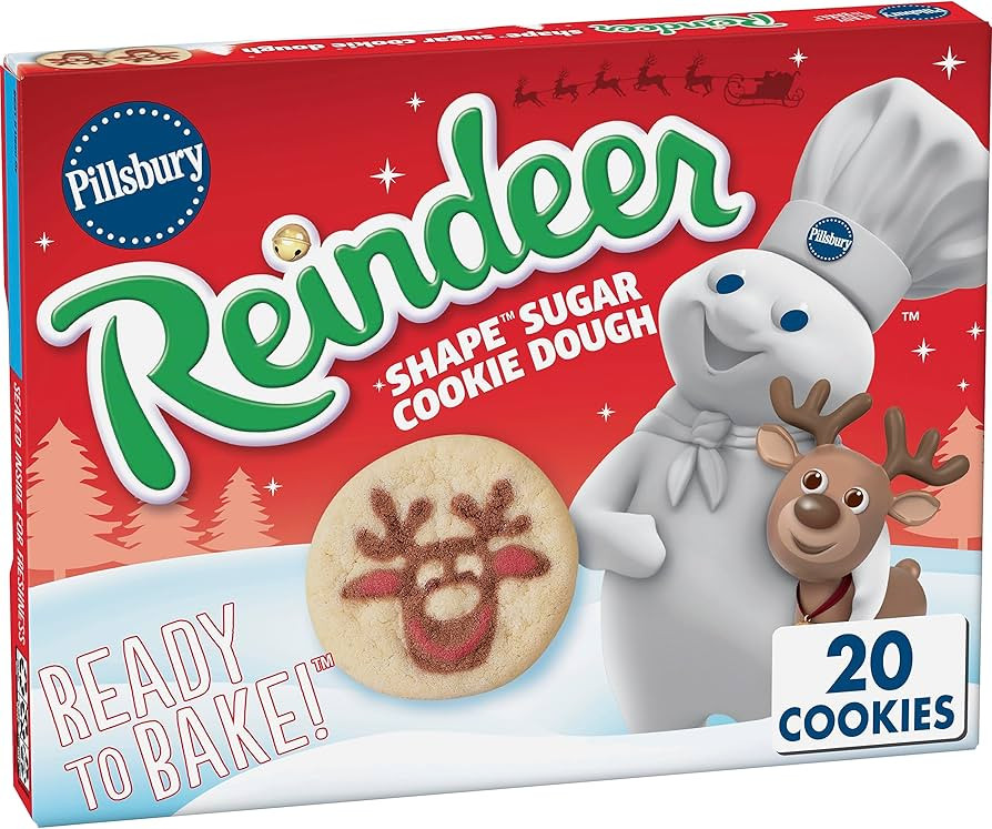 Pillsbury Ready To Bake Reindeer Shape Sugar Cookie Dough, 20 Cookies, 9.1 oz. | Amazon (US)