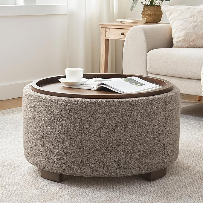 30 Inch Round Storage Ottoman Coffee Table, Modern Boucle Ottoman with Lift-Off Lid and Solid Woo... | Amazon (US)
