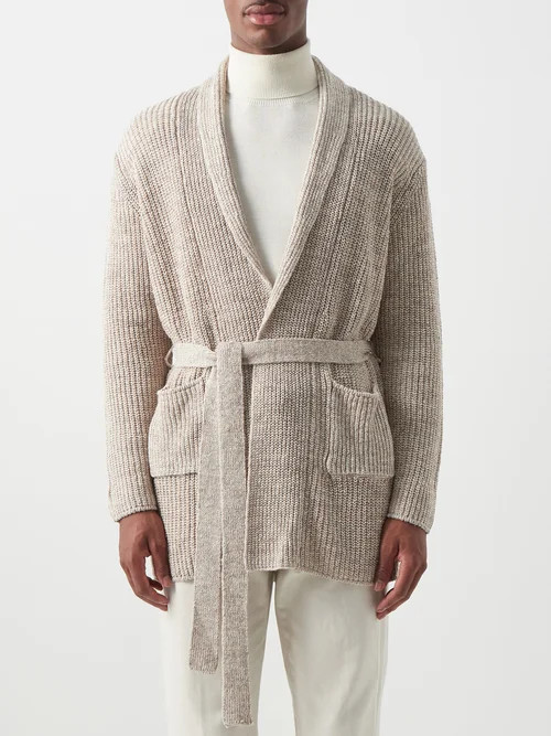 Thom Sweeney - Shawl-collar Belted Linen-knit Cardigan - Mens - Beige | Matches (US)
