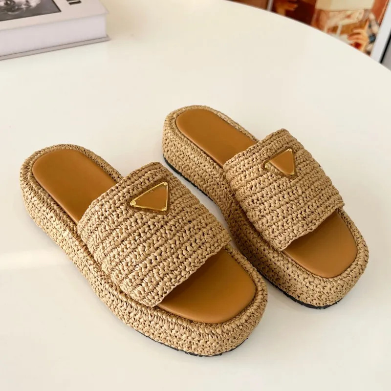 Designer Slippers Triangle Buckle Raffia Straw Espadrilles Women Thick bottom Sandals Slip On Mul... | DHGate