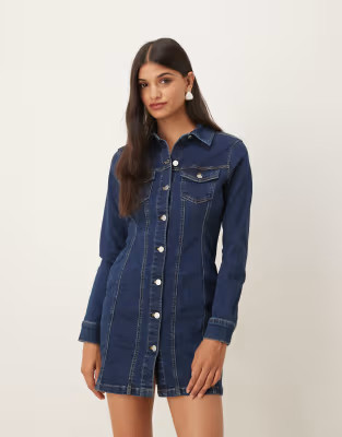 ASOS DESIGN denim long sleeve fitted shirt mini dress in rinse | ASOS | ASOS (Global)