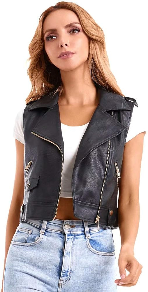DIASHINY Women's Lapel Sleeveless Faux Leather Short moto Vests Slim Fit PU Motorcycle Waistcoat ... | Amazon (US)