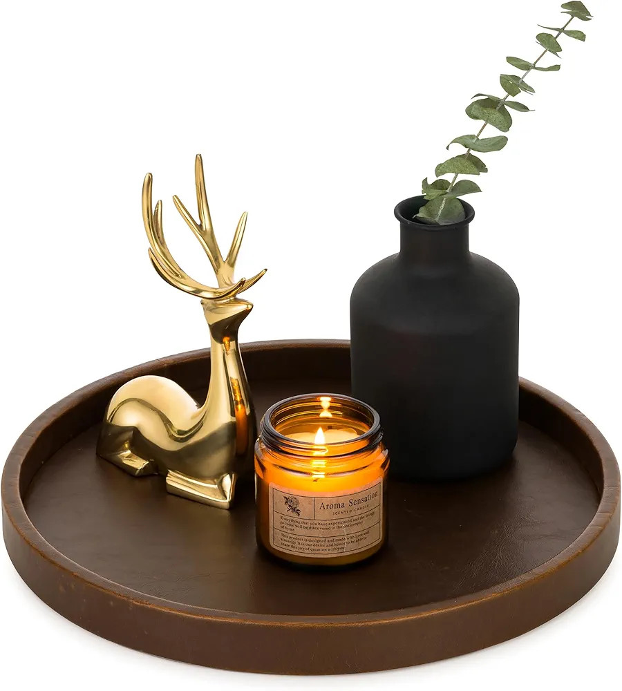 Hanobe Decorative Tray Round Serving: Faux Leather Coffee Table Trays Decor 12 inch Small Brown C... | Amazon (US)
