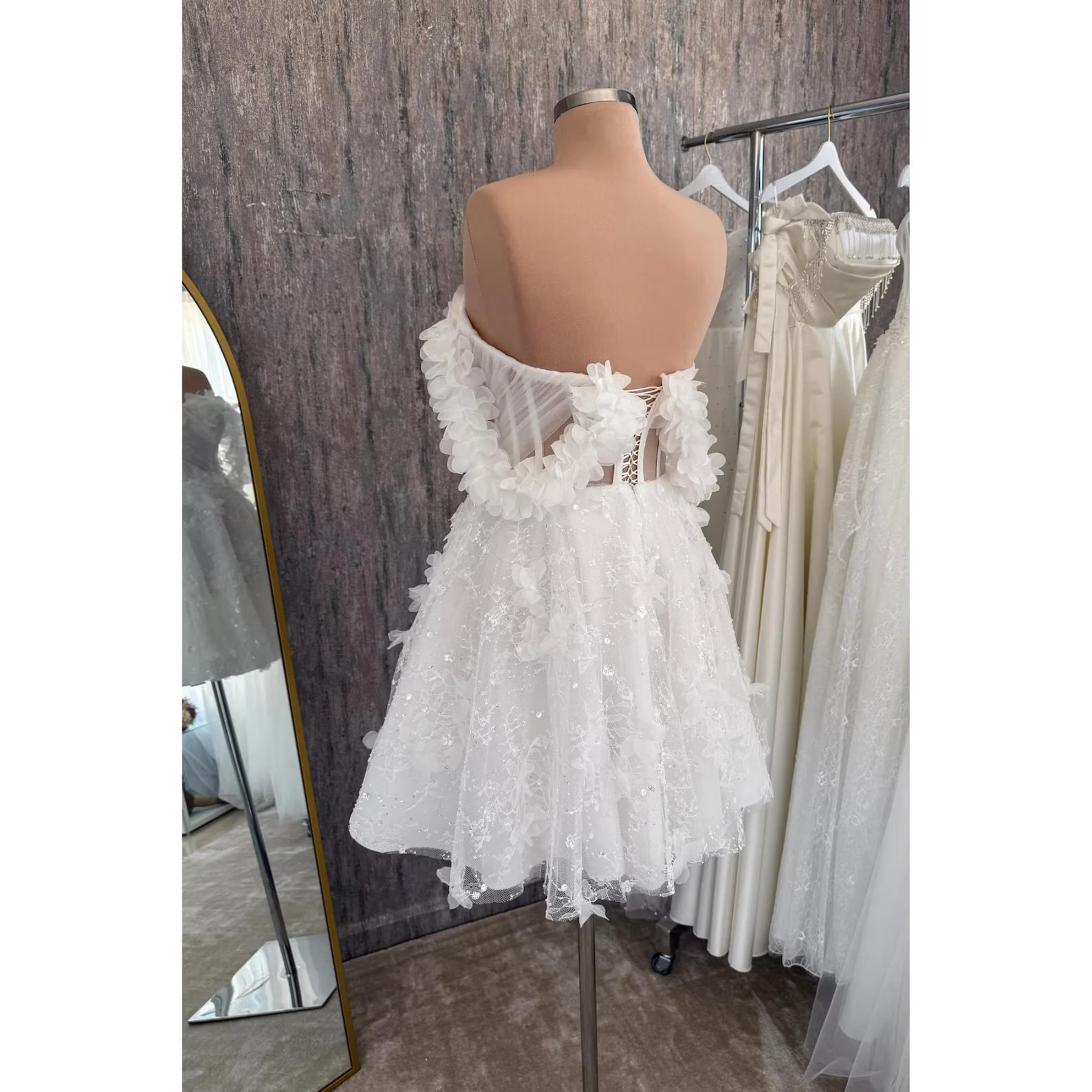 3D Floral Tulle Mini Wedding Dress: Off-shoulder Lace Bridal Gown - Etsy | Etsy (US)