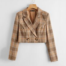 Notch Collar Double Button Plaid Crop Blazer | SHEIN