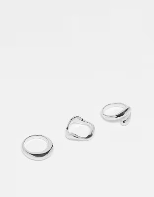 ASOS DESIGN pack of 3 rings with mixed minimal designs in silver tone | ASOS (Global)