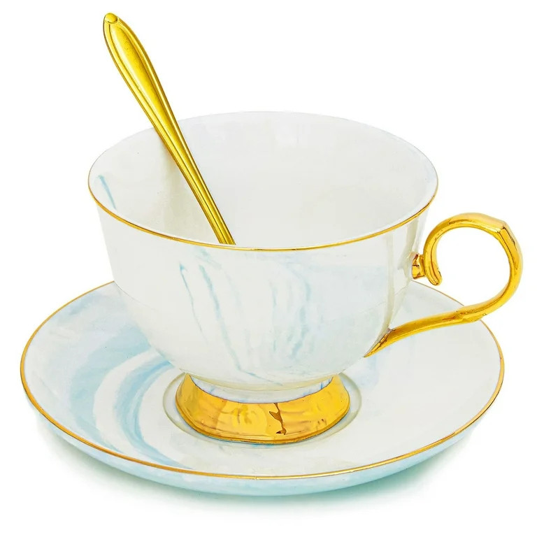 3-Piece Blue Marble Tea Cup and Saucer Gift Set for 1, 7 oz Teacup with Gold Spoon | Walmart (US)
