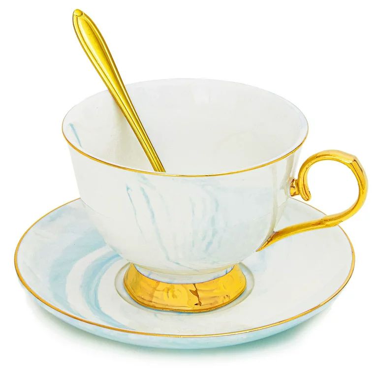 3-Piece Blue Marble Tea Cup and Saucer Gift Set for 1, 7 oz Teacup with Gold Spoon | Walmart (US)