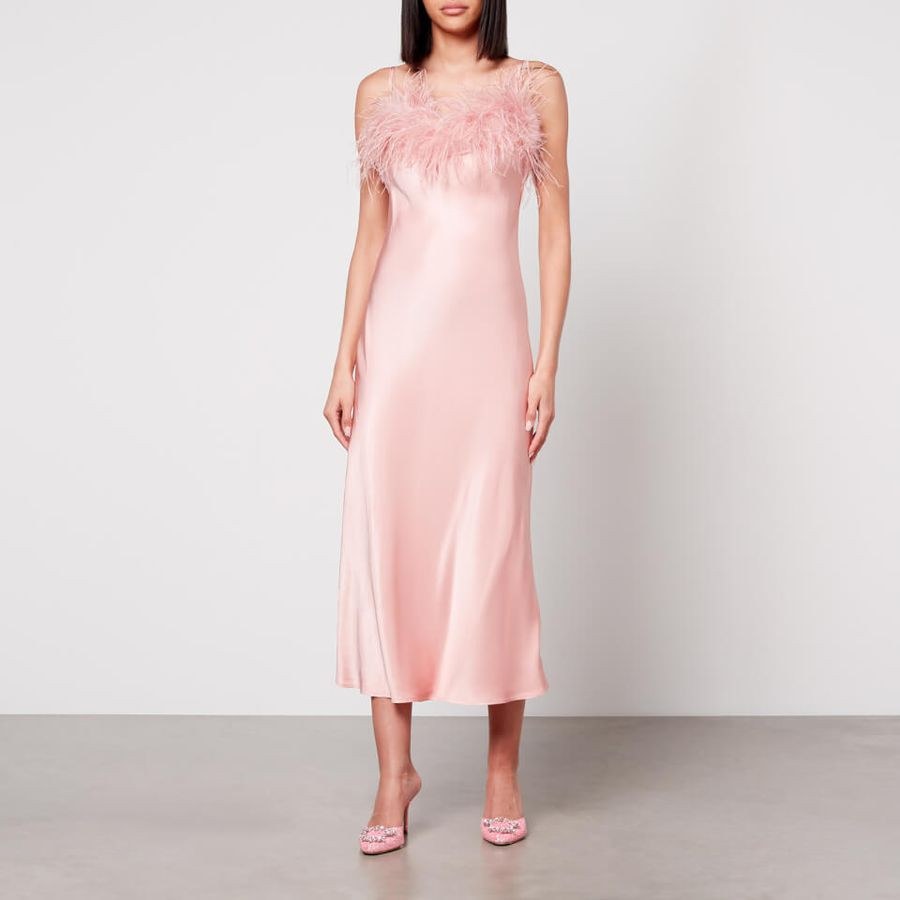 Sleeper Boheme Feather-Trimmed Satin Midi Dress | Coggles (Global)