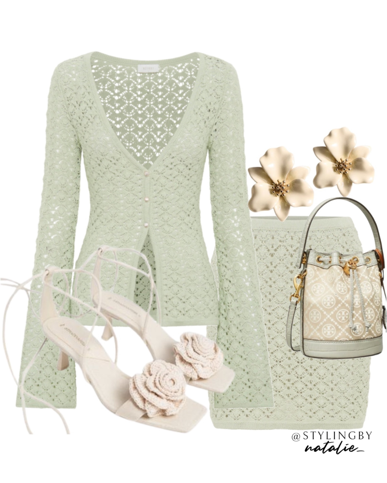 Green cardigan & mini skirt co ord set, crochet sandals, bucket bag & flower earrings. 
Going out outfit, holiday look, summer outfit.

#LTKstyletip #LTKpartywear #LTKsummer