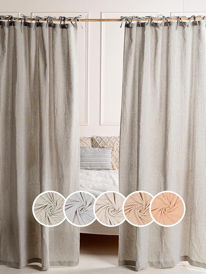 Gauze Striped Curtains, Boho Linen Gauze Tie Top Hanging Curtains Light Filtering Door Window Tre... | Amazon (US)