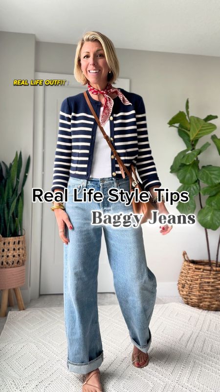 How to style baggy jeans and look figure flattering! Pair with a fitted top and a cropped layer to balance out your proportions. Also opt for a nude, minimal sandal or pointed toe flat to avoid looking bottom heavy.

I’m wearing my true size 27 in these jeans!  cuff these amazing jeans the length you need 👍🏻

#LTKStyleTip #LTKOver40 #LTKVideo