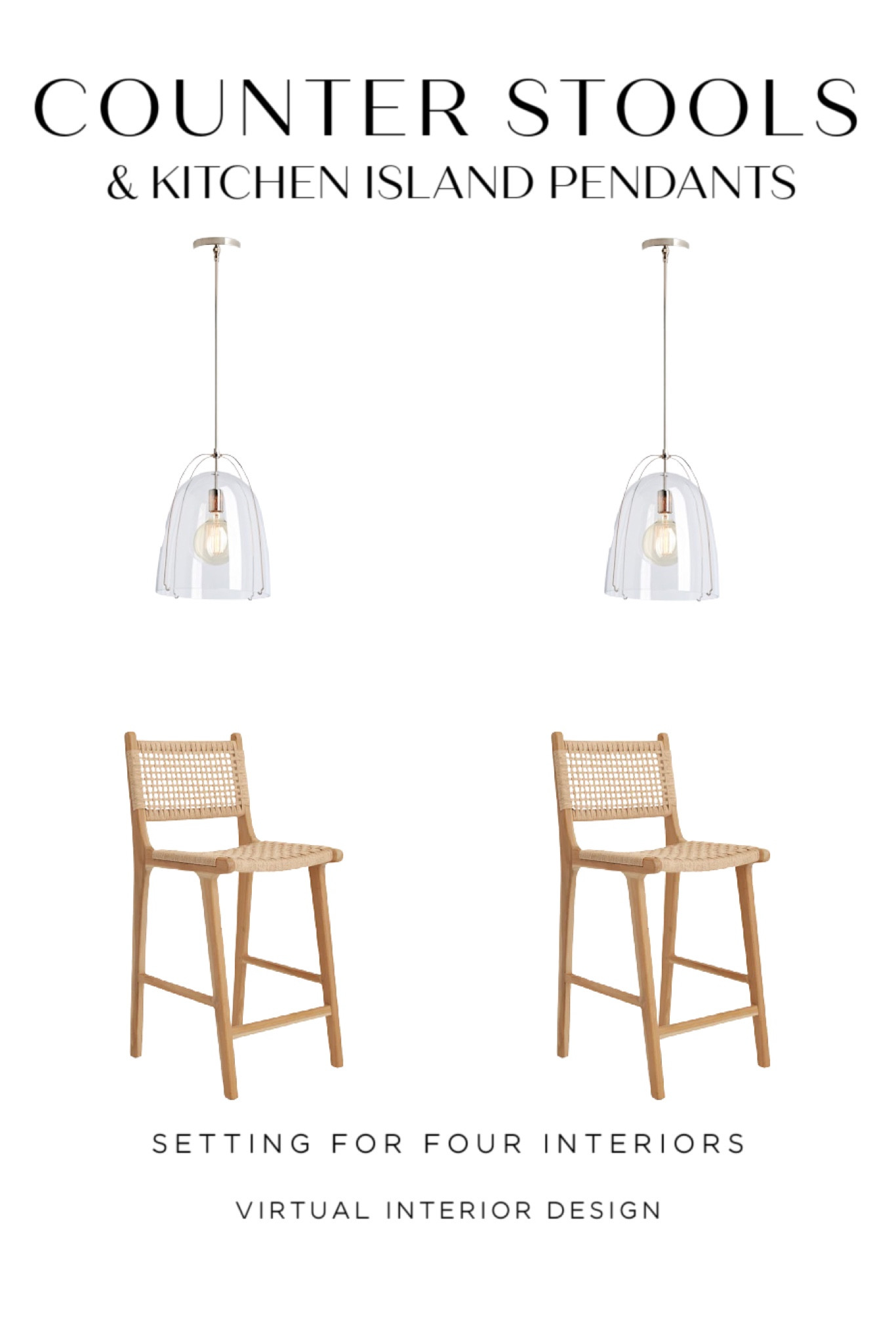 Kitchen counter stools and island pendants that coordinate.
Organic modern style.

Lighting, woven stool, wood, brass, transitional, farmhouse

Virtual Interior Design
Setting For Four Interiors

#LTKstyletip #LTKhome #LTKFind