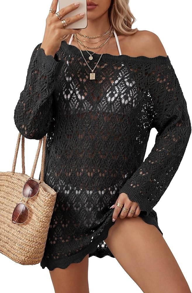 Arach&Cloz Women's 100% Cotton Oversized Swimsuit Cover Up Off Shoulder Boat Neck Breathable Beac... | Amazon (US)