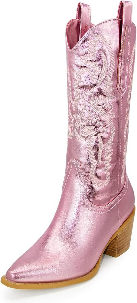 Women's Cowgirl Embroidered Mid-Calf Western Cowboy Boots, Pointed Toe Block Chunky Medium Heel 6... | Amazon (US)