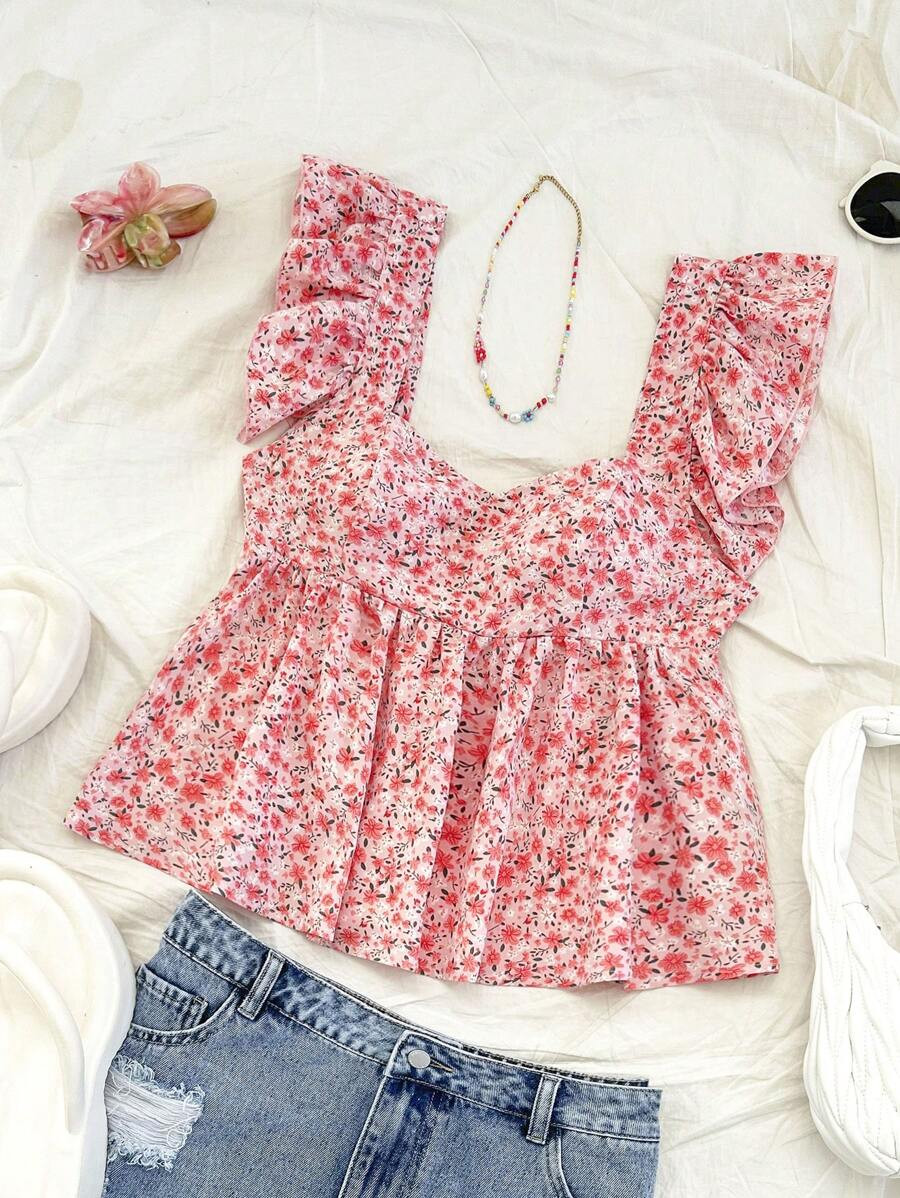 Soleia Women Vacation Smock Collar Cap Sleeve Loose Blouse, Pink Ditsy Floral Smock Collar Cap Sl... | SHEIN