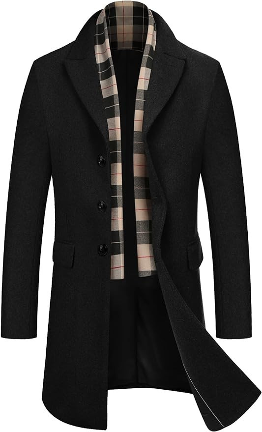 COOFANDY Men's Wool Blend Coat with Detachable Plaid Scarfs Notched Collar Single Breasted Pea Co... | Amazon (US)