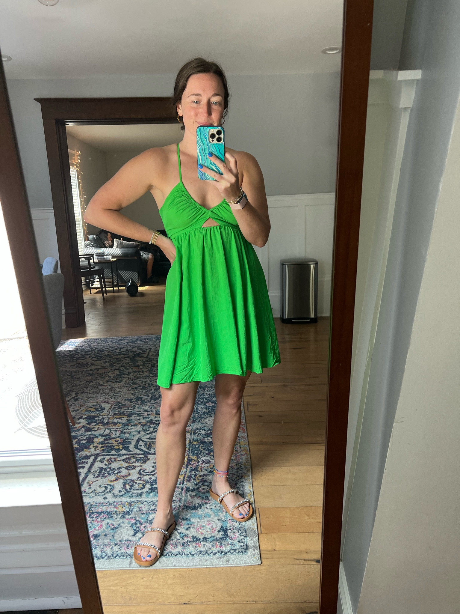 Day 19 of 30 days of getting dressed in my closet. Easy H&M dress with embellished slides. Linking what I can find similar! 