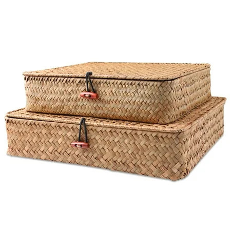 BlueMake Shelf Baskets with Lids Wicker Storage Baskets for Shelves Organizing Natural Seagrass Rattan Woven Organizer Boxes Boho Home Decor Set of 2 | Walmart (US)