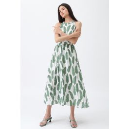 Summer Palm Leaf Print Halter Neck Maxi Dress in Green | Chicwish