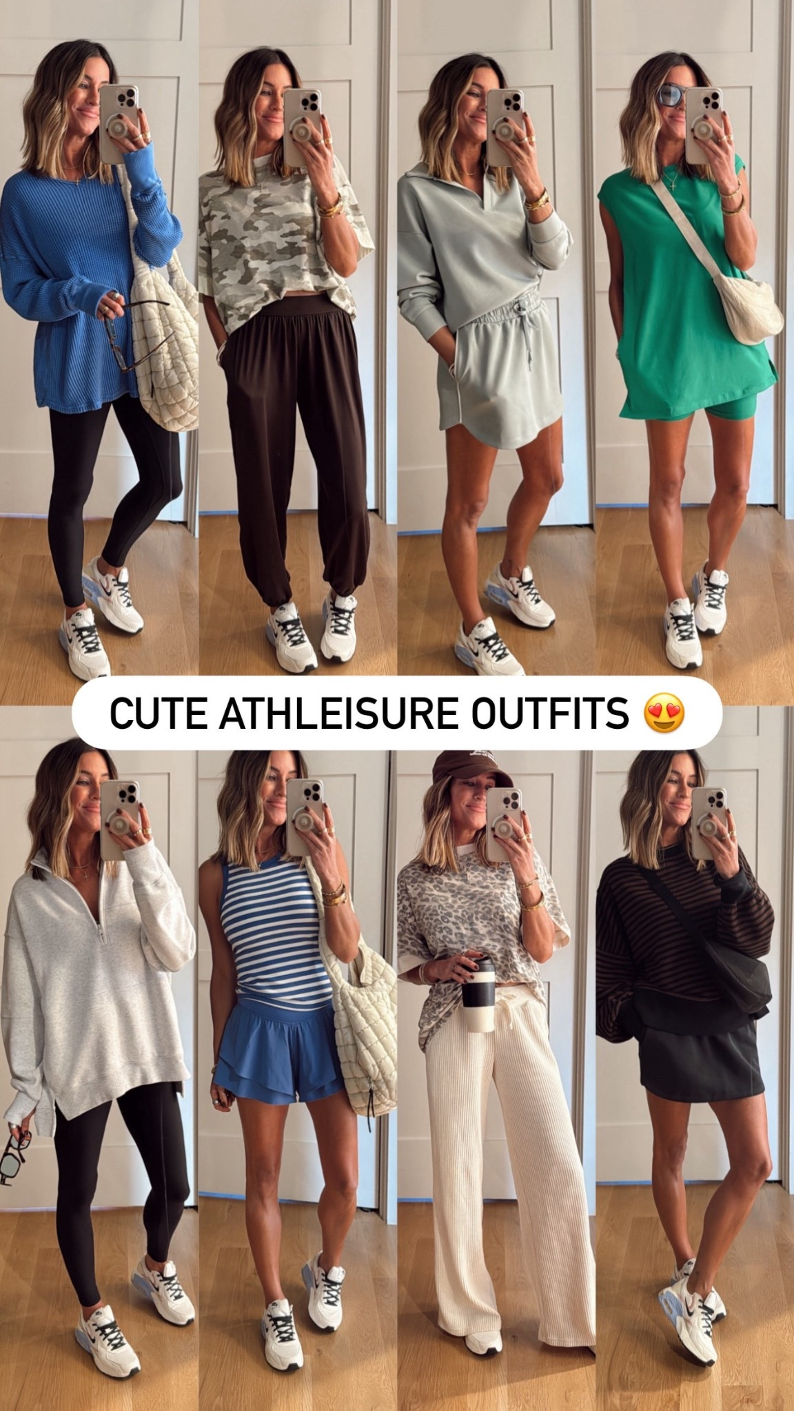 Affordable, comfy, casual, and CUTE! ✅ 
Athleisure outfits that I’ll be wearing on repeat! My Nikes are on sale and you can take an extra 20% off with code SPORT. 

Sizing: xs in the leopard and camo tees, they do run oversized but you could still size up one for length to wear with leggings 
small in blue thermal long sleeve 
xs in mint green skort, s in sweatshirtt 
small in bright green set 
s in grey quarter zip 
xs in striped tank + blue shorts 
xs in black striped sweatshirt + black skirt
xs in tan waffle pants 

#LTKStyleTip #LTKFindsUnder50 #LTKFindsUnder100