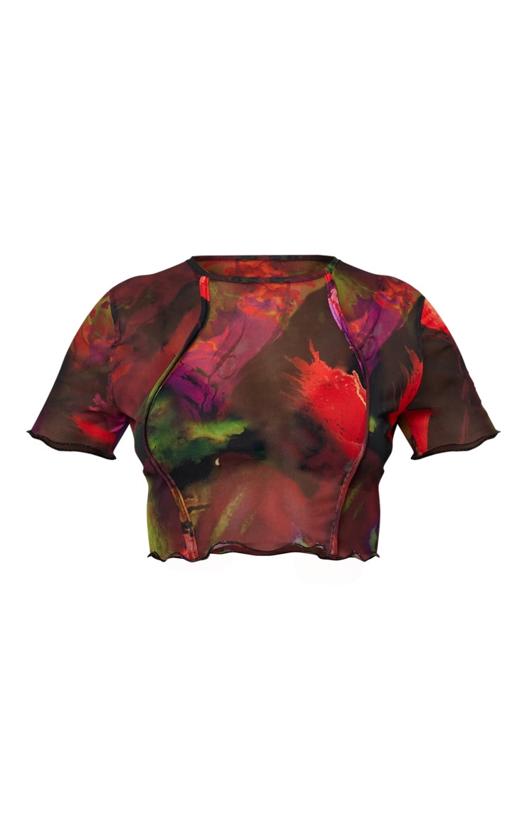 Pink Abstract Floral Print Sheer Mesh Cropped T-shirt | PrettyLittleThing US